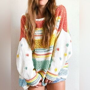 Off-the-Shoulder Multicolor Striped Knit Sweater